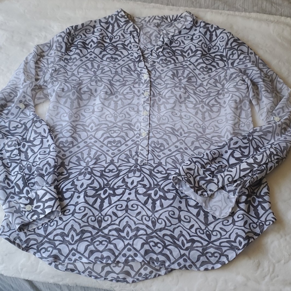 Batik pattern see through long sleeved blouse